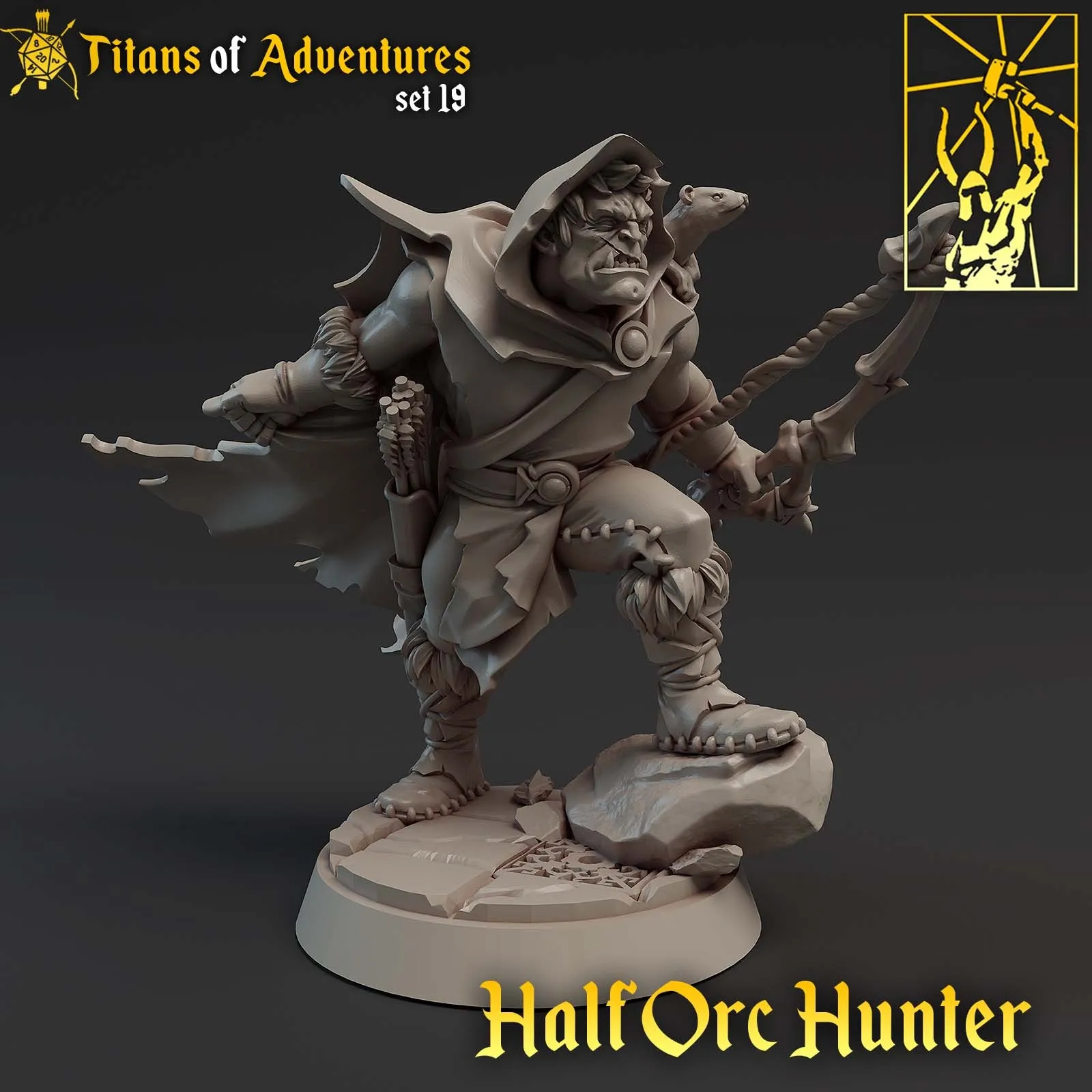 meio orc, meio ogro, masculino, homem, caçador, arqueiro, arco